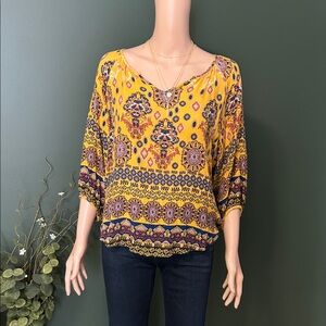 Renee C. Blue and Yellow Crop Blouse with V-Neck and 3/4 Sleeves